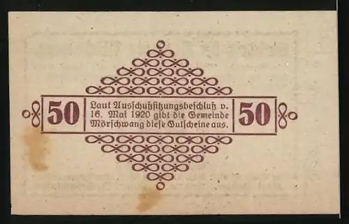 Notgeld Mörschwang 1920, 50 Heller, Bürgermeister Karl Dobler