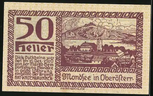 Notgeld Mondsee / Salzkammergut, 50 Heller, Wappen, Ortsansicht mit Mondsee