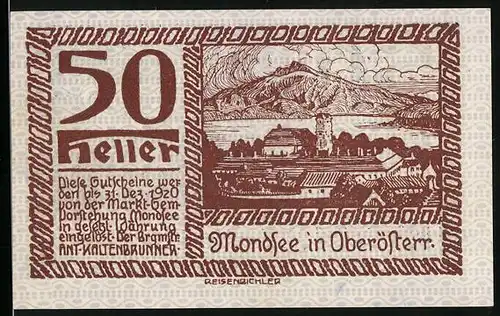 Notgeld Mondsee / Salzkammergut, 50 Heller, Ortsansicht mit Mondsee, Wappen