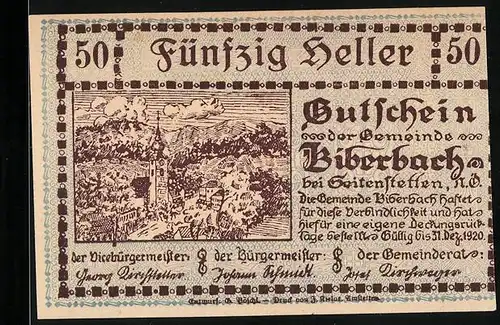 Notgeld Biberbach 1920, 50 Heller, Ortsansicht