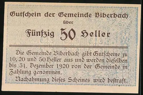 Notgeld Biberbach 1920, 50 Heller, Ortsansicht