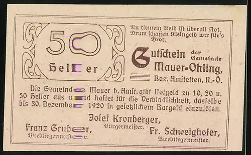 Notgeld Mauer-Öhling 1920, 50 Heller, N.Ö. Landes-Heilanstalt