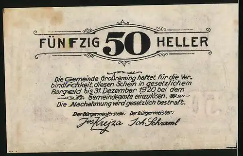 Notgeld Grossraming 1920, 50 Heller, bewaldeter Hügel