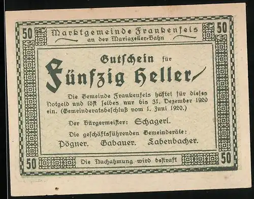 Notgeld Frankenfels an der Mariazeller-Bahn 1920, 50 Heller, Ortsansicht mit Bergen