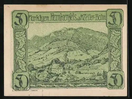 Notgeld Frankenfels an der Mariazeller-Bahn 1920, 50 Heller, Ortsansicht mit Bergen