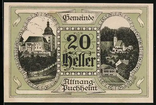 Notgeld Attnang-Puchheim 1920, 20 Heller, Kirche, Teilansicht mit Kirche