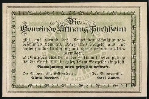 Notgeld Attnang-Puchheim 1920, 20 Heller, Kirche, Teilansicht mit Kirche