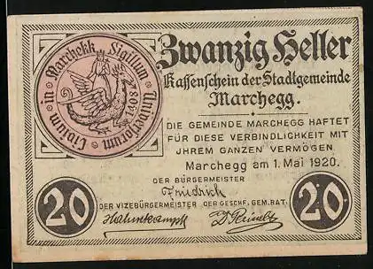 Notgeld Marchegg 1920, 20 Heller, Drache und Jungfrau, Bürgermeister Friedrich