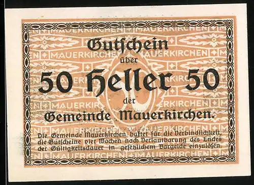 Notgeld Mauerkirchen, 50 Heller, Kirche, Teilansicht vom Ort