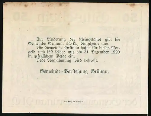 Notgeld Grünau / Almtal 1920, 50 Heller, Kirche