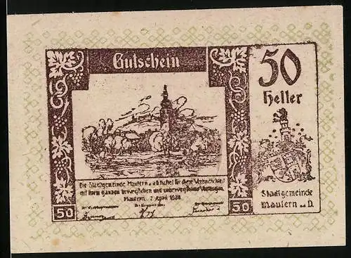 Notgeld Mautern / Donau 1920, 50 Heller, Blick zum Kirchturm