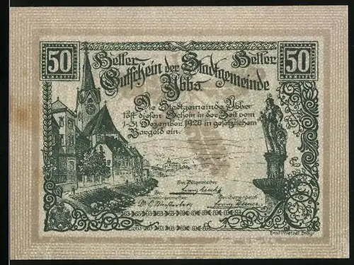 Notgeld Ybbs 1920, 50 Heller, Teilansicht mit Kirche, Statue, Wappen