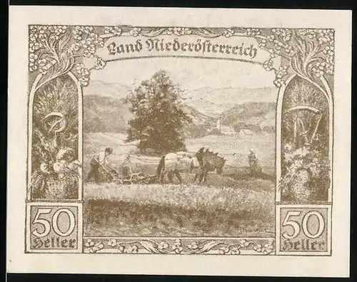 Notgeld Wien / Land Niederösterreich 1920, 50 Heller, Bauer beim Pflügen