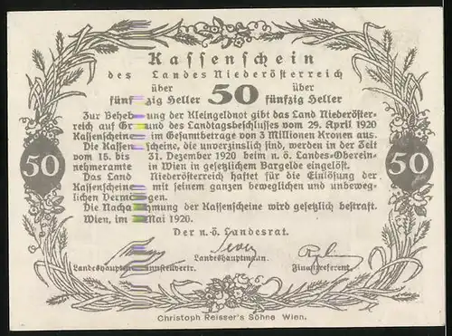 Notgeld Wien / Land Niederösterreich 1920, 50 Heller, Bauer beim Pflügen