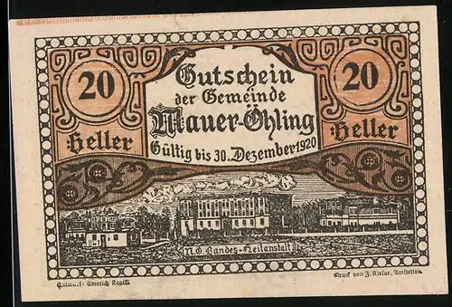 Notgeld Mauer-Öhling 1920, 20 Heller, N.Ö. Landes-Heilanstalt