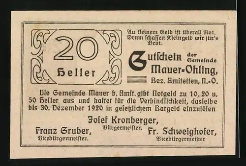 Notgeld Mauer-Öhling 1920, 20 Heller, N.Ö. Landes-Heilanstalt