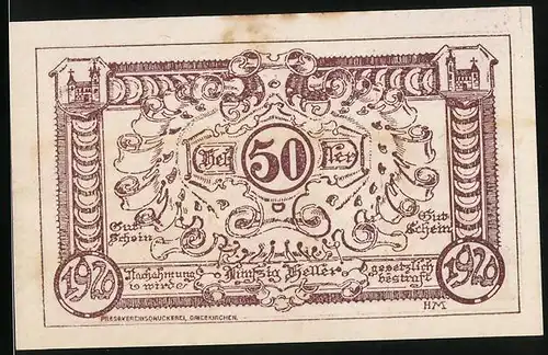 Notgeld Grieskirchen 1920, 50 Heller, Teilansicht mit Kirche