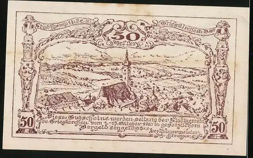 Notgeld Grieskirchen 1920, 50 Heller, Teilansicht mit Kirche