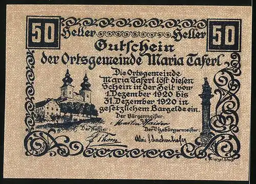 Notgeld Maria Taferl 1920, 50 Heller, Kirche, Waldandacht