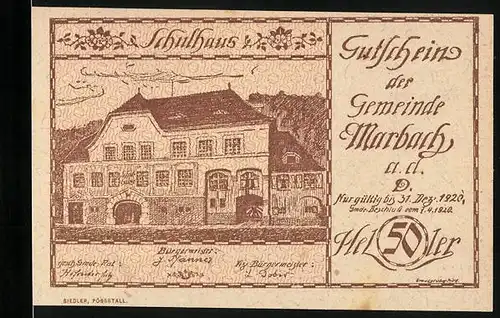 Notgeld Marbach / Donau 1920, 50 Heller, Schulhaus