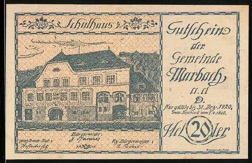 Notgeld Marbach / Donau 1920, 20 Heller, Schulhaus