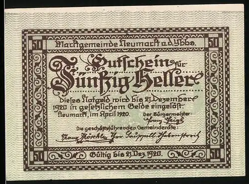 Notgeld Neumarkt a. d. Ybbs 1920, 50 Heller, Ortsansicht