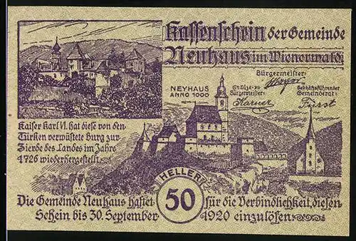 Notgeld Neuhaus im Wienerwald 1920, 50 Heller, Burg, Neyhaus Anno 1000