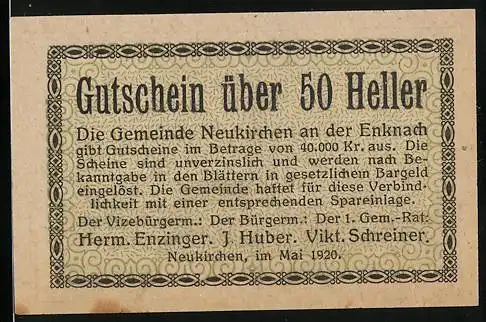 Notgeld Neukirchen an der Enknach 1920, 50 Heller, Kirche