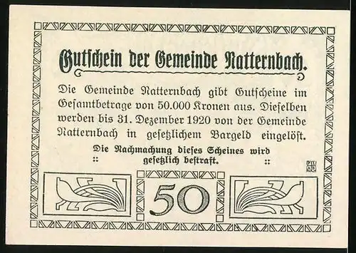 Notgeld Natternbach 1920, 50 Heller, Vaterhaus des Joh. Rep. Hauser