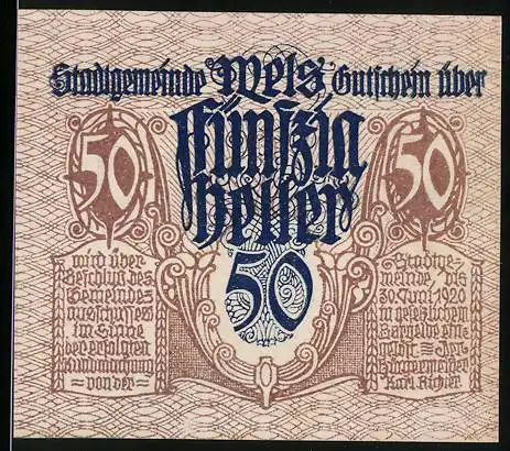 Notgeld Wels 1920, 50 Heller, Züchter mit Hengst