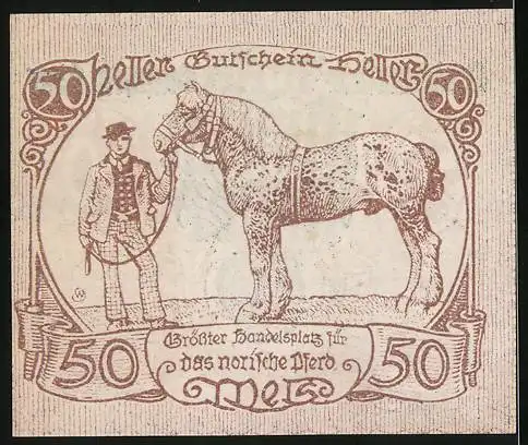 Notgeld Wels 1920, 50 Heller, Züchter mit Hengst