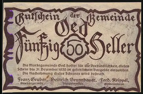 Notgeld Oed 1920, 50 Heller, Altmarkt, Postkutsche, Kirche