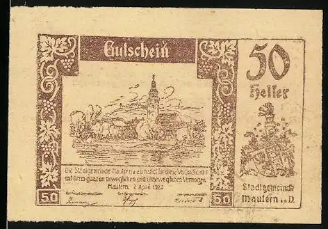 Notgeld Mautern a. d. D., 50 Heller, Kirche, Wappen