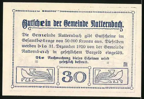 Notgeld Natternbach 1920, 30 Heller, Vaterhaus des Landeshauptmanns Hauser