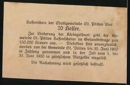 Notgeld St. Pölten 1919, 20 Heller, Rathaus