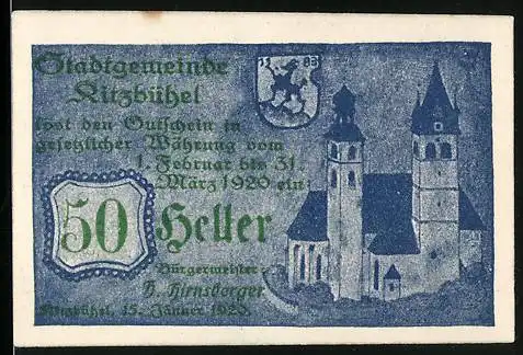 Notgeld Kitzbühel 1920, 50 Heller, Kirche, Wappen