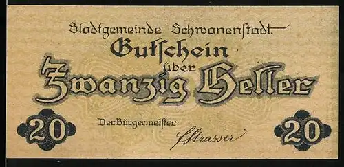 Notgeld Schwanenstadt 1920, 20 Heller, Ortsansicht gegen das Gebirge