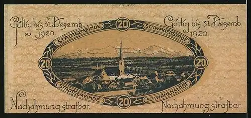 Notgeld Schwanenstadt 1920, 20 Heller, Ortsansicht gegen das Gebirge