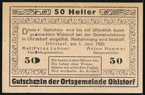 Notgeld Ohlstorf 1920, 50 Heller, Kirche