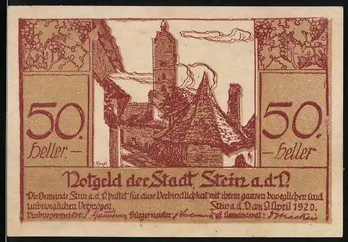 Notgeld Stein / Donau 1920, 50 Heller, Alte Gebäude und Turm