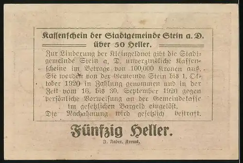 Notgeld Stein / Donau 1920, 50 Heller, Alte Gebäude und Turm