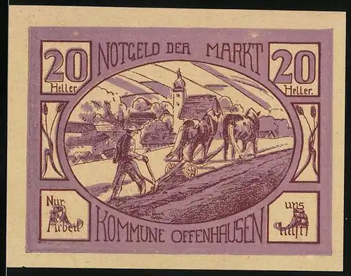 Notgeld Offenhausen 1921, 20 Heller, Bauer beim Pflügen