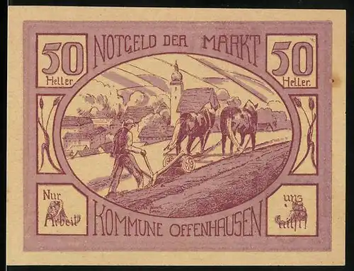 Notgeld Offenhausen 1921, 20 Heller, Bauer beim Pflügen