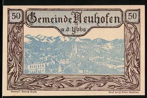 Notgeld Neuhofen a. d. Ybbs 1920, 50 Heller, Ortsansicht gegen das Gebirge