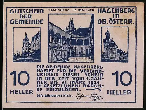 Notgeld Hagenberg 1920, 10 Heller, Kirche, Schlosshof, Pflügender Bauer