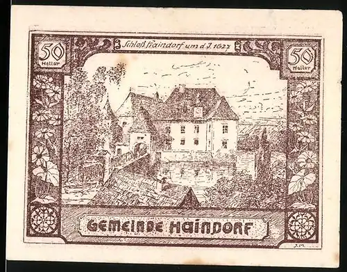 Notgeld Haindorf 1920, 50 Heller, Schloss um 1627