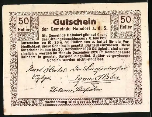 Notgeld Haindorf 1920, 50 Heller, Schloss um 1627