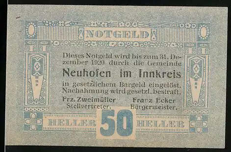 Notgeld Neuhofen im Innkreis 1920, 50 Heller