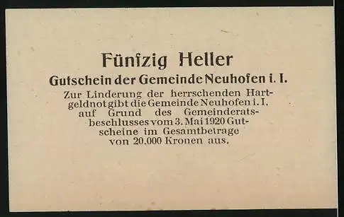 Notgeld Neuhofen im Innkreis 1920, 50 Heller