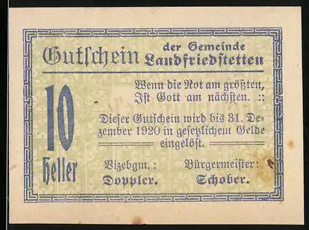 Notgeld Landfriedstetten 1920, 10 Heller, Bürgermeister Schober